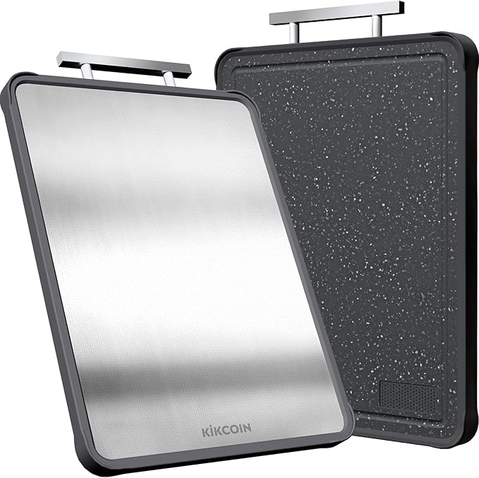 Kikcoin 17"×11" 304 Stainless Steel Cutting Boards for Kitchen, Food Grade BPA-Free Double Sided Cutting Board, Extra Large Non-Toxic Chopping Board for Meat, Vegetables, Cheese & Charcuterie, Black