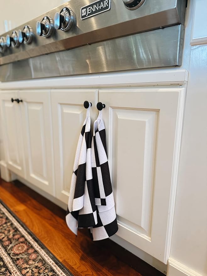 || 2 Pack|| Double Sided Dish Towels || Waffle Weave Microfiber || Highly Absorbent || Hanging Loop || Dish Cloths || Modern || Designer Prints|| Black Checker