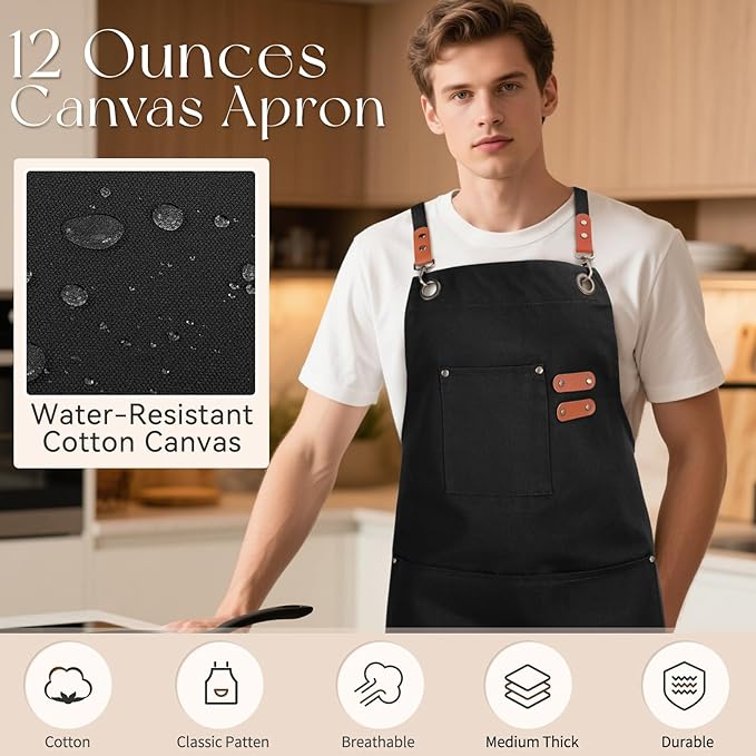 Chef Aprons for Men Women with Large Pockets, Cotton Canvas Water Repellent Kitchen Apron for Cooking