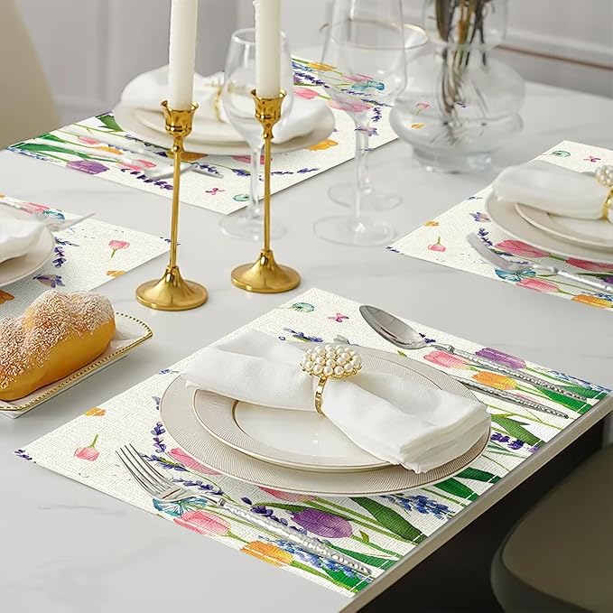 Niviy Floral Spring Placemats Set of 6, Easter Placemats Tulip Butterfly Table Mats Spring Table Decorations for Home Party 12x18 Inch