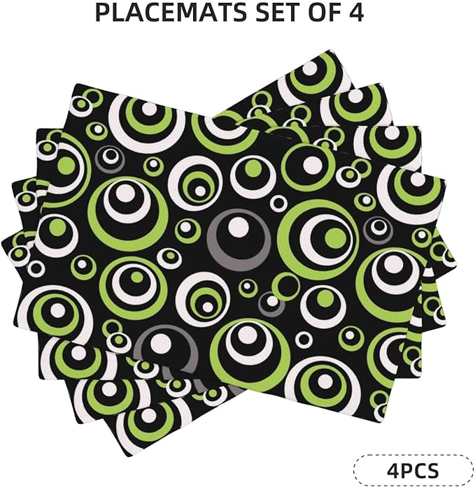Black Green Geometric Circles Linen Placemats Set of 4, Washable Heat Resistant Green Table Mats for Dining Table Kitchen Wedding Farmhouse Party Coffee Shop, Modern Home Decor, 12" x 18" Place Mats