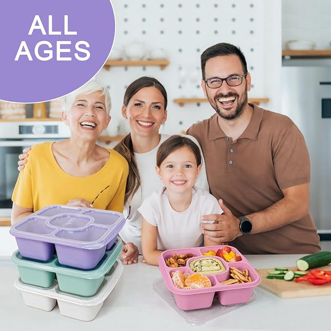 Caperci 5-Pack Lunchable Container Set for Kids & Adults - Reusable Bento Snack Box Containers with 5-Compartment for Food Storage & Meal Prep, Wheat Straw, BPA-Free (Dark & Clear Lids)