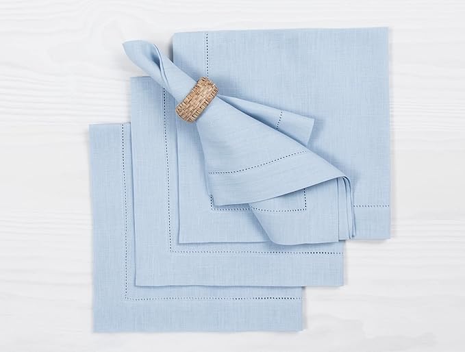 Solino Home Sky Blue Linen Napkins Set of 4-100% Pure Linen Hemstitch Dinner Napkins 20 x 20 Inch for Spring, Summer, Mothers Day - Classic Hemstitch