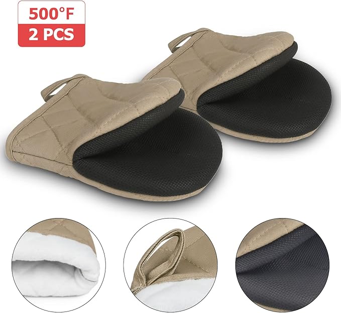 Short Oven Mitts, Heat Resistant 500°F, Silicone Grip Kitchen Gloves, Non-Slip for Baking, Grilling, BBQ, Machine Washable with Hanging Loop, 2-Pack Set, Light Brown