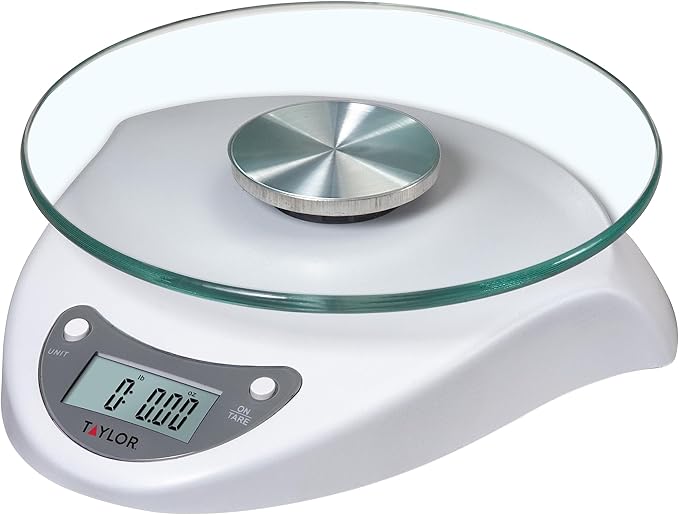 Taylor Digital Kitchen Scale with Glass Platform, Tare Button, and Plastic Body Weighs up to 11 Pounds Capacity, White