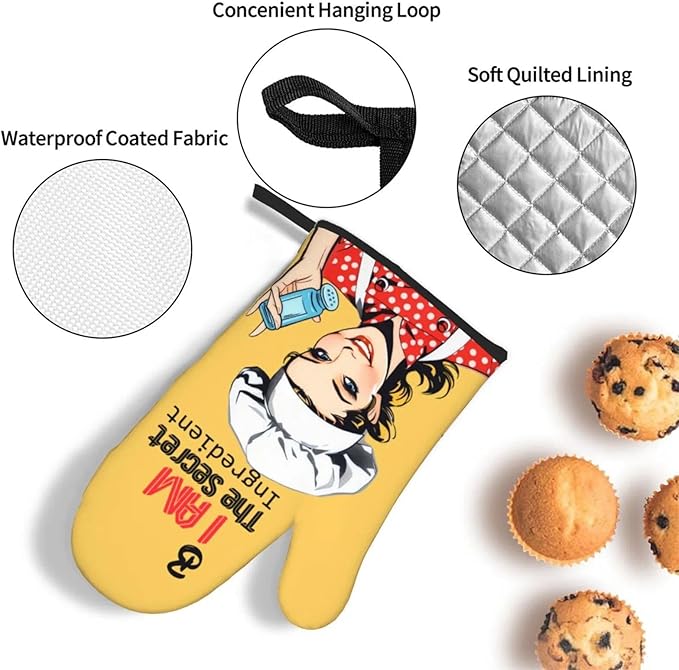 Cute Yellow Retro Chef Humorous Oven Mitts & Pot Holders Set of 3, Heat Resistant Funny Kitchen Gloves and Hot Pads for Cooking Baking Grilling, Gifts for Women Cooking Lovers, Home Decor, Yellow Red