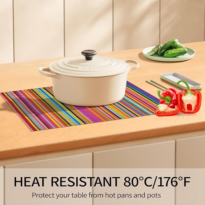 Rainbow Placemats Set of 4, 12x18 Inch Heat-Resistant Washable Easy to Clean Place Mats, Faux Linen Cloth Table Mats Suitable for Indoor/Outdoor Parties & Kitchen Decor (Rainbow)