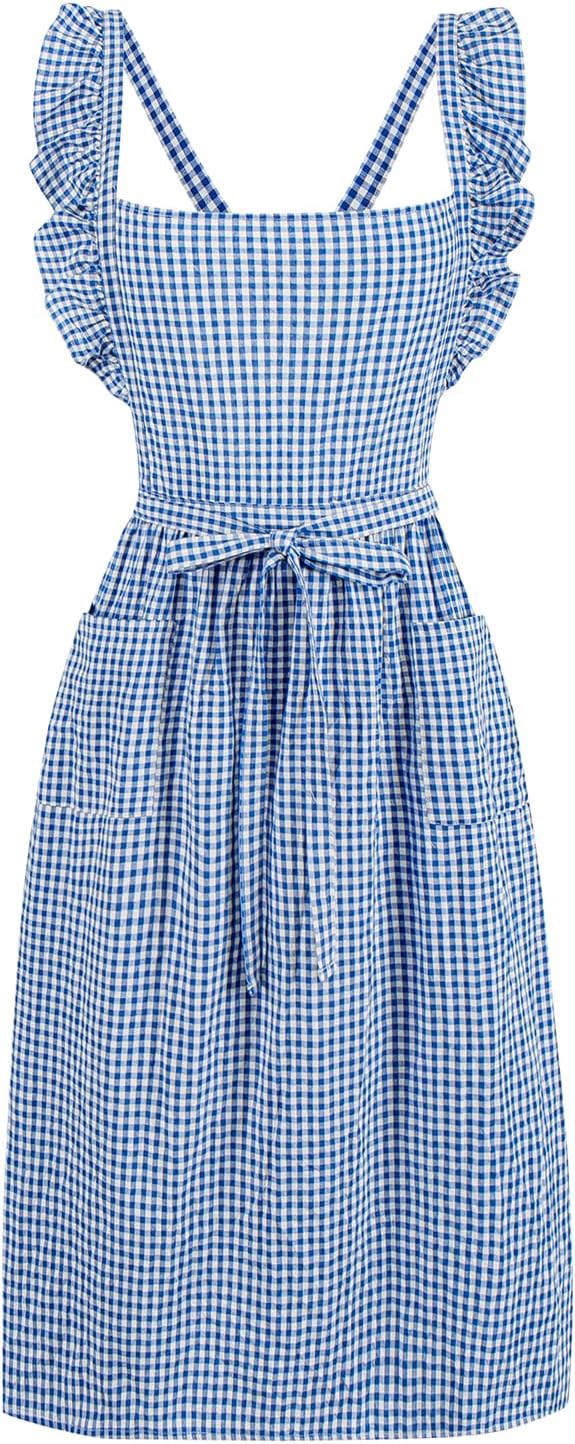 Vintage Gingham Apron for Women, Ruffle Straps, 2 Pockets, Soft Cotton, Apron Dress Style for Cooking & Baking