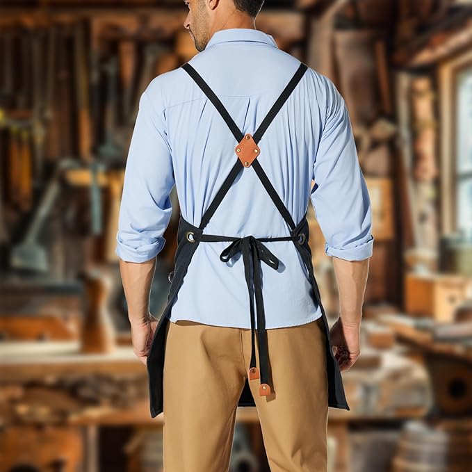 Canvas Work Apron,Cross Back Aprons for Men,Women,Cooking,Carpenter,Woodworking,Chef,BBQ,Grilling,Bartender
