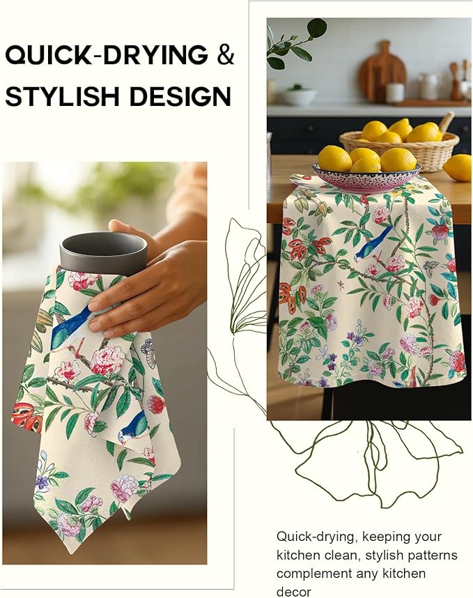 Miss Adola Flour Sack Kitchen Towels - Set of 2 Spring Dish Towels with Hanging Loop 18x26 Inch Absorbent Reusable Cotton Cloths for Cleaning Cute Design Home Decorative Housewarming, Leaf Flower Bird