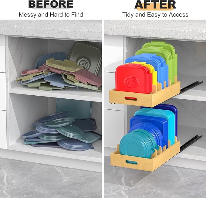Housolution Pull Out Food Container Lid Organizer with Sliding Rail, Slide Out Plastic Lid Holder Compatible with Tupperware, Bamboo Storage Box with 5 Adjustable Dividers for Kitchen Cabinet, 1 Pack