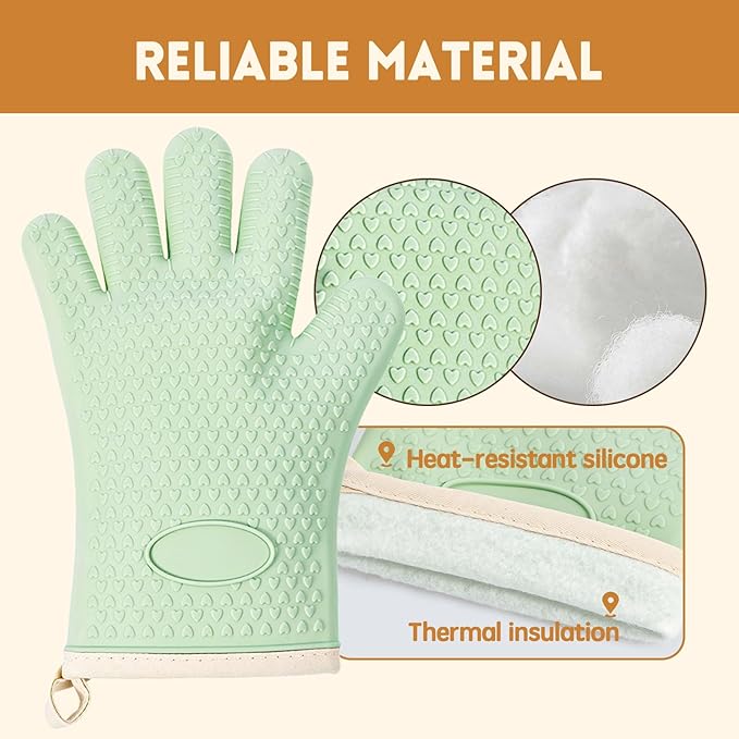 2 Pairs Silicone Oven Mitts Oven Gloves with Fingers Heat Resistant Waterproof Non-Slip Cotton Lined Silicone Oven Gloves Kitchen Mitts for Baking Cooking BBQ(2 Pairs-Green +Pink)