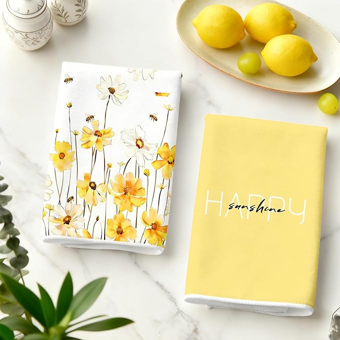 Yellow Floral Kitchen Towels Set of 4 – 16x24 Inch Cute Watercolor Daisy Bee Dish Towels, Soft Absorbent Hand Towels for Kitchen, Spring Summer Home Decor, Housewarming & Birthday Gift for Women