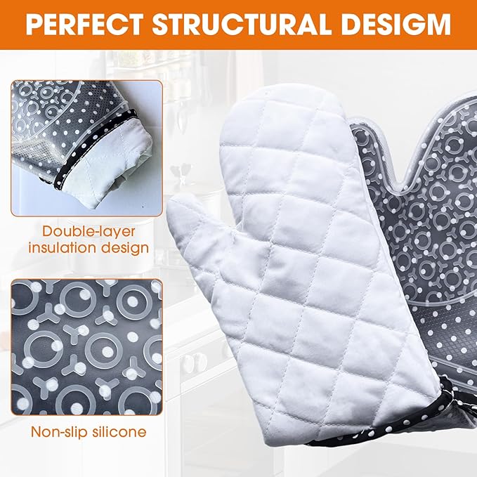 Silicone Oven Mitts Set Heat Resistant 2PCS Kitchen Mittens with Soft Cotton Lining Long Waterproof Non-Slip Oven Gloves for Cooking, BBQ, Baking