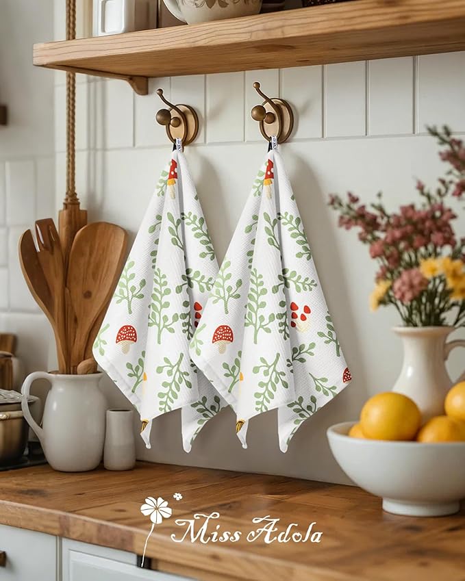 Miss Adola 2pcs Waffle Kitchen Towels - 16x26 Inch Cotton Waffle Weave Dish Cloths Set of 2 with Hanging Loop Absorbent Hand Tea Towels Cute Design for Housewarming Gift, Mushroom