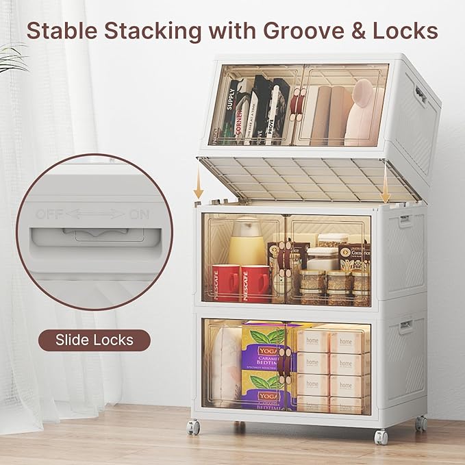 UAMFURI Stackable Storage Bins with Lids, 144QT Closet Organizers, Lockable Storage Cabinet, Foldable Storage Box with Doors and Wheels, Plastic Drawers for Home, Garage, Office (3, White, Medium)