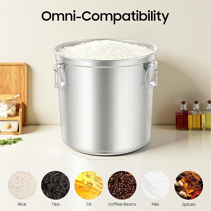 48L/12.68Gal Stainless Steel Airtight Canister Food Storage Canisters with Airtight Lid&Locking Clamp Rice Cereal Grain Canisters Container Bucket for Rice Milk Jug Coffee Bean Cookies Storage