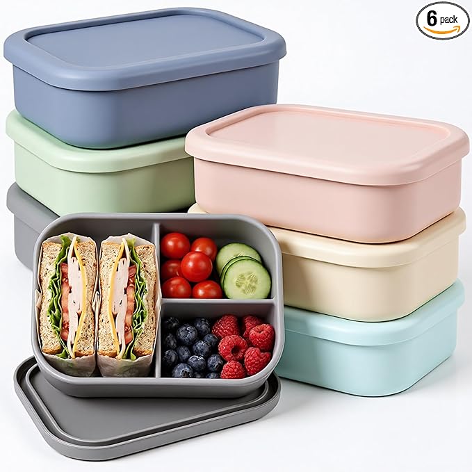 Layhit 6 Pcs Silicone Bento Box for Adults, 27 oz Bento Lunch Container Reusable 3 Compartment Lunchable Food Container for Women Men, Leak Proof Microwave Dishwasher Freezer Safe (Morandi Colors)