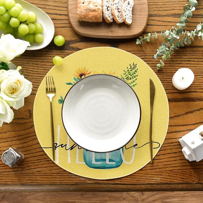 Artoid Mode Yellow Sunflower Vase Summer Round Placemats Set of 4, 14 Inch Summer Round Table Mats for Dining Decoration