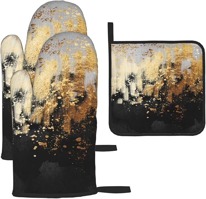 3 - Piece Black Gold Abstract Art Oven Mitts and Pot Holders Sets, Modern Decorative Black Gold Oven Gloves and Hot Pads Heat Resistant for Kitchen Cooking Baking Grilling, Gift for Women, Home Decor