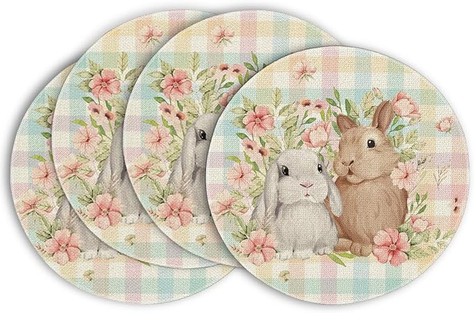 Artoid Mode Easter Round Placemats Set of 4, 14 Inch Colored Buffalo Plaid Bunnys Flowers Spring Round Table Mats for Easter Party Dining Decoration