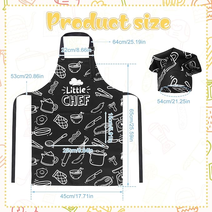 Kids Apron and Chef Hat Set, Funny Apron with 2 Pockets, Adjustable Kids Aprons for Cooking for Boys and Girls