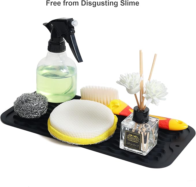 ZLR 2 Pcs Silicone Sponge Holder & Sink Caddy Tray (6" x 12") - Narrow Dish Drying Mat for Kitchen Counter - Waterproof Soap Dispenser Organizer, Non-Slip Bathroom Vanity Tray (Black)