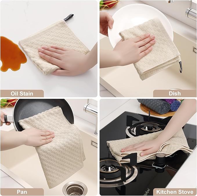 Homaxy 100% Cotton Kitchen Towels and Dishcloths Set, 12 x 12 & 15 x 25 Inches, Set of 12 Bulk Terry Cloth Dish Towels, Super Soft and Absorbent Hand Towel with Hanging Loop, Beige