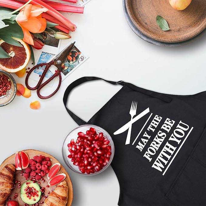 Rosoz Funny BBQ Black Chef Aprons for Men, May the Forks be with You Adjustable Kitchen Cooking Aprons with Pocket Waterproof Oil Proof Father’s Day/Birthday