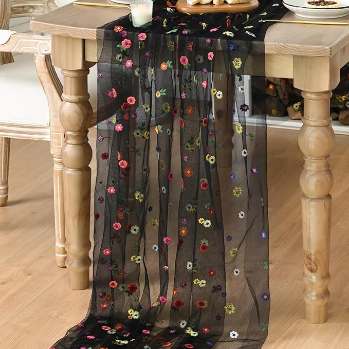 Artoid Mode Black Embroidery Daisy Gauze Table Runner 120 Inch 10FT, Seasonal Sheer Kitchen Dining Holiday Wedding Birthday Table Decor for Home Party