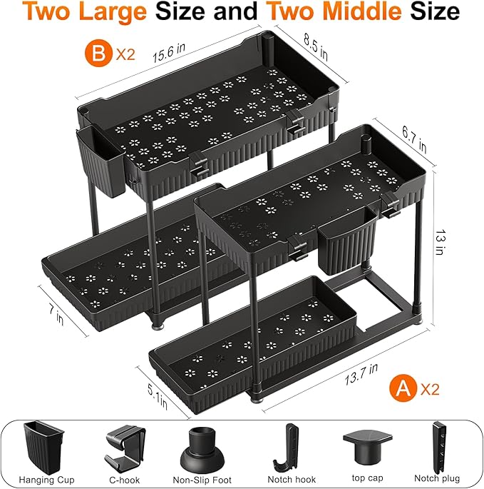 Sevenblue 4 Pack Under Sink Organizer, Bathroom Organizers and Storage, 2 Tier Multi-Use Pull Out Cabinet Organizer with Hang Hooks and Cups (Black, 4 Pack)