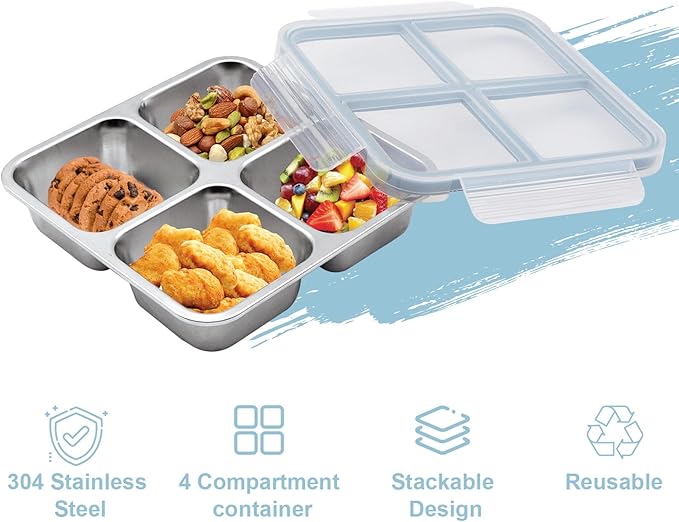 3 Pack Stainless Steel Bento Lunch Box, 4 Compartment Snack Containers, Divided Meal Prep Lunch Containers, Food Storage Containers For Work and Travel