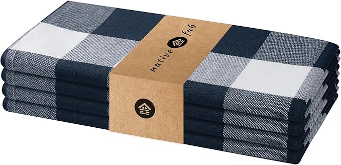 Native Fab Navy Buffalo Check Cloth Napkins, Set of 4, 16x16 inch, Plaid Checked Pattern, 100% Cotton, Soft, Absorbent, Reusable Table Napkin for Dinner, Wedding, Party, Holiday, Cocktail - Navy Blue