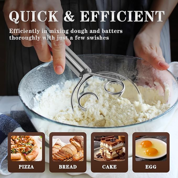 TEEVEA Danish Dough Whisk Stainless Steel for Sourdough Pizza and Bread Baking