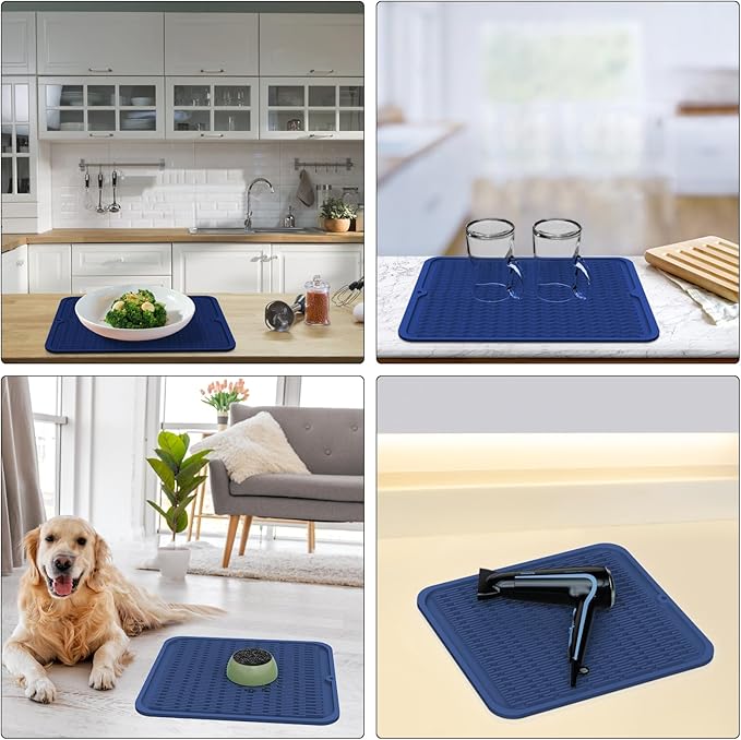 ZLR Silicone Dish Drying Mat & Heat Resistant Trivet (12" x 16") - Waterproof Counter Protector for Air Fryer, Coffee Maker - Non-Slip, BPA Free Kitchen Pad, Easy Clean Dishwasher Safe (Midnight Blue)