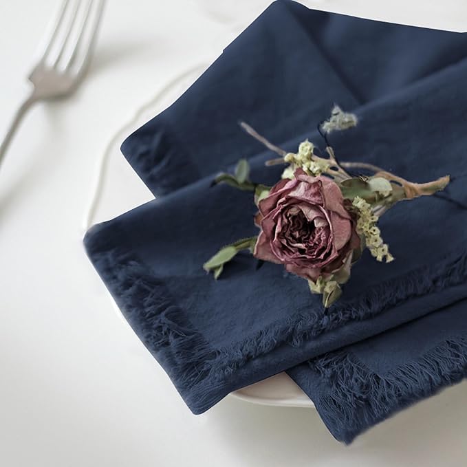 Handmade Cloth Napkins 100% Cotton Napkins with Fringe，Delicate Handmade Cloth Napkins for Dinners, Parties, Weddings and More，18 x 18 Inch Set of 6 - Navy Blue