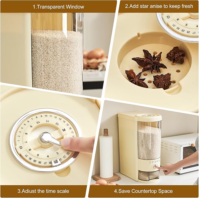 Rice Dispenser 20 lbs | Large Rice Storage Container for Kitchen&Pantry - Space-saving, Moisture & Pest-proof, BPA-Free - Dry Food Dispenser with One-Touch Dispenser & Measuring Cup for Families