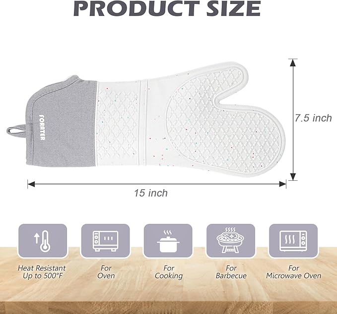 Extra Long Silicone Oven Mitts - Heat Resistant up to 500°F, 15'' Waterproof and Non-Slip Oven Gloves with Soft Quilted Liner - Perfect for BBQ, Cooking, Baking, and Grilling - 1 Pair, Light Grey