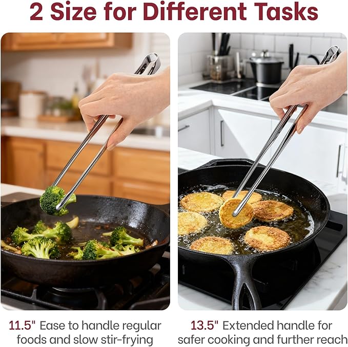 Precision Serrated Non-Slip Tips Cooking Tongs 2 Set (11.5" & 13.5"), 18/8 Stainless Steel Metal Tong, Light but Durable, Easily Control Kitchen Tweezer Tongs for Frying, Plating, BBQ