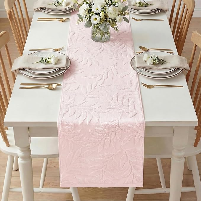 Artoid Mode Pink Soft Cotton Jacquard Leaves Spring Table Runner, Holiday Kitchen Dining Table Decoration for Home Party Decor 13x72 Inch