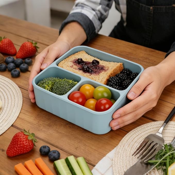 Silicone Bento Box Adult Lunch Container, 3 Compartment Container, Food Grade Silicone Bento Lunch Box for Work Travel Meal Prep, Leak-proof Food Storage Container（1 Pack Nile Blue）