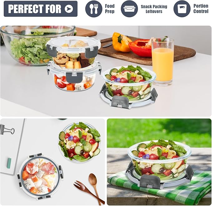 6Pack 13oz Glass Meal Prep Containers, Small Round Glass Food Storage Containers Sets with Snap Leak Proof Lids for Microwave, Freezer and Dishwasher Safe (Grey, 13oz)