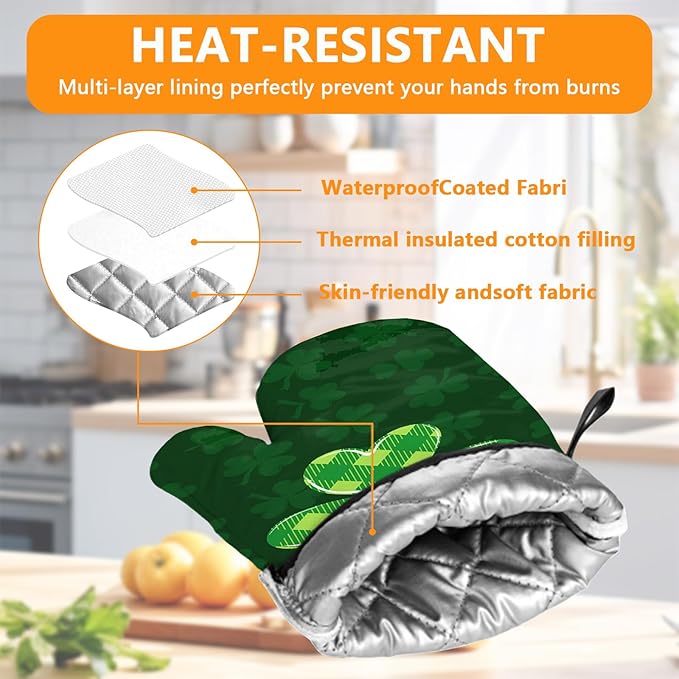 Green Clover Oven Mitts and Pot Holders Sets 4Pcs,Extra Long Oven Gloves Potholder for Kitchen Cooking Baking BBQ 100% Cotton Heat Resistant(St. Patrick's Day)