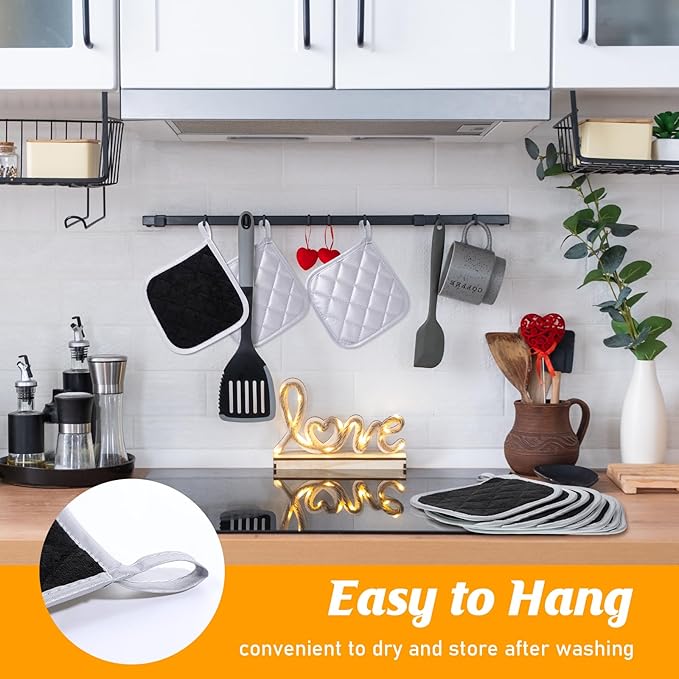 24 Pcs Cotton Pot Holders for Kitchen Heat Resistant, 7 x 7 Inch Pot Holders Bulk with Hanging Loops Square Potholders Oven Hot Pads for Kitchen Cooking Baking (Grey & Black)