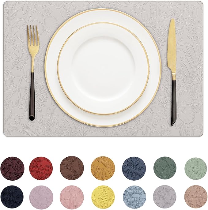 Romanstile Vinyl Placemats Set of 4-12 X 17 Inch - Heat Resistant Non-Slip Embossed Floral Place Mats 100% Waterproof Oilproof Wipeable Faux Leather Table Mats for Kitchen/Dining/Party, LightGrey