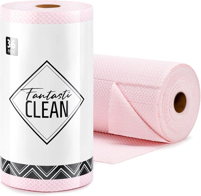 Fantasticlean Large Microfiber Cleaning Cloth Roll - 18'' by 12'', 36 Sheets, Thick, Super Absorbent and Reusable Rags, Daily Cleaning Supplies for Vehicle..(Pink)