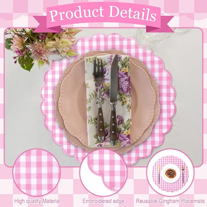 Set of 6 Round Placemats 15 Inch Cotton Scalloped Embroidery Placemat Washable Double Layered Rustic Dinner Table Mat Decor Fabric for Hotel Restaurant Kitchen(Pink,Plaid)