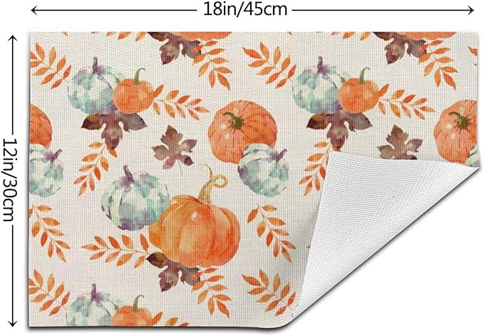 Fall Pumpkin Placemats 12x18 Inch Set of 4, Blue Orange Pumpkin Thanksgiving Table Place Mat Autumn Watercolor Harvest Washable Table Mats Decorative Linen Fabric Table Mat for Dining Table