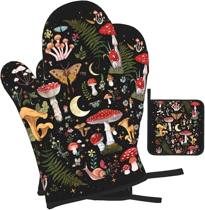Mushroom Oven Mitts and Pot Holders Sets, Heat Resistant Black Hot Pads Witchy Oven Gloves for Cooking Grilling Baking Kitchen Decor Aesthetic, Witchy Gifts for Women,Mushroom Gifts for Women