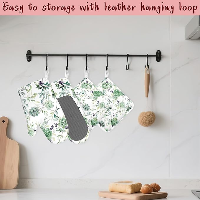 Succulent Plants Flowers Oven Mitts and Pot Holders (4PCS),Heat Resistant Non-Slip Silicone Kitchen Gloves for Cooking, Baking, BBQ Waterproof Kitchen Accessories